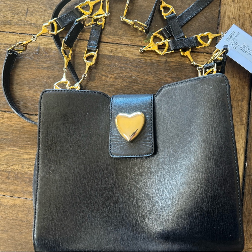 80s Moschino Black leather Bag with Gold Heart & moschino gold logo chain strap